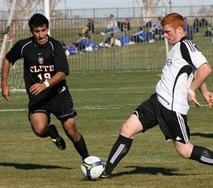 Elite club soccer players compete.