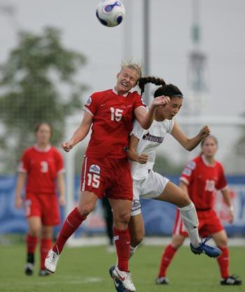 Elite club soccer players compete.