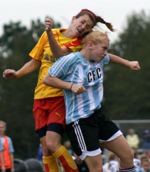 Elite club soccer girls compete.