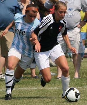 Elite club girl soccer players compete.