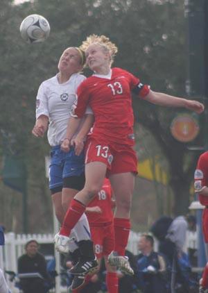 Elite club soccer players from the Dalls Texans battle for the ball.