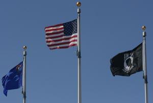 Flags blow in the wind.